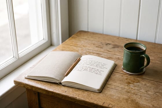 An open notebook and a cup of coffee on Evan's desk